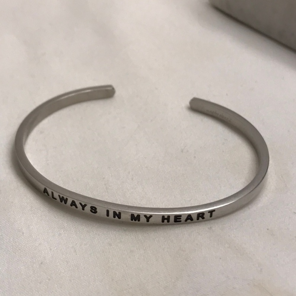 Silver tone cuff bracelet, engraved “Always in my heart”, fits small wri…